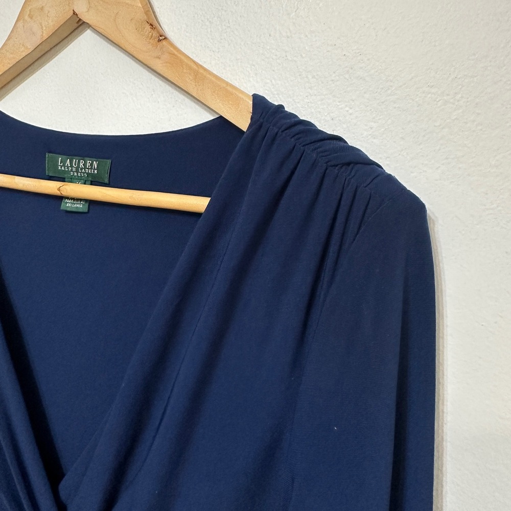 Lauren Ralph Lauren Ruched Dress Womens 14 Navy Surplice Sheath Stretch Classic - Picture 8 of 10